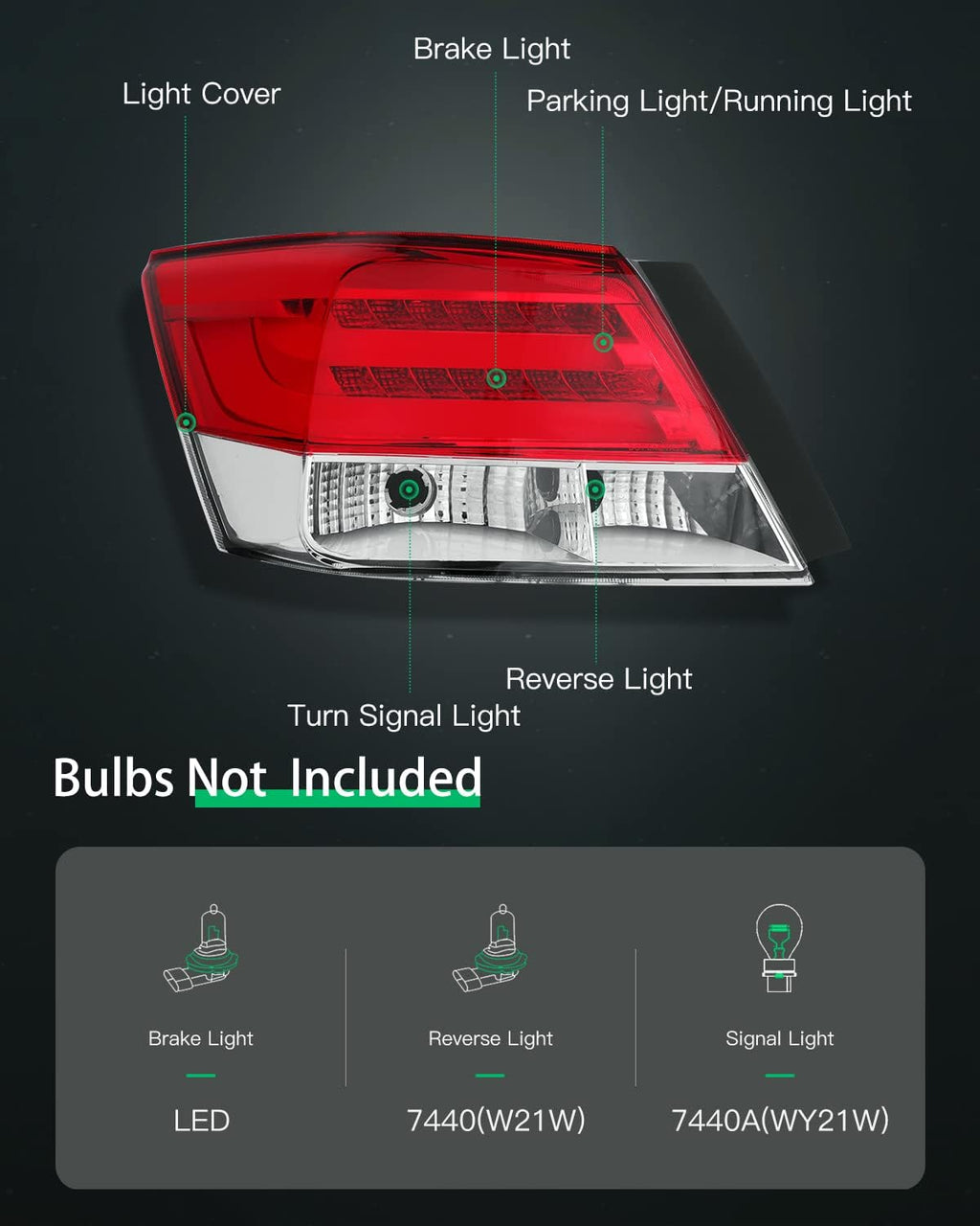Tail Light Assembly for Honda Accord Sedan Red Housing Clear Lens W316