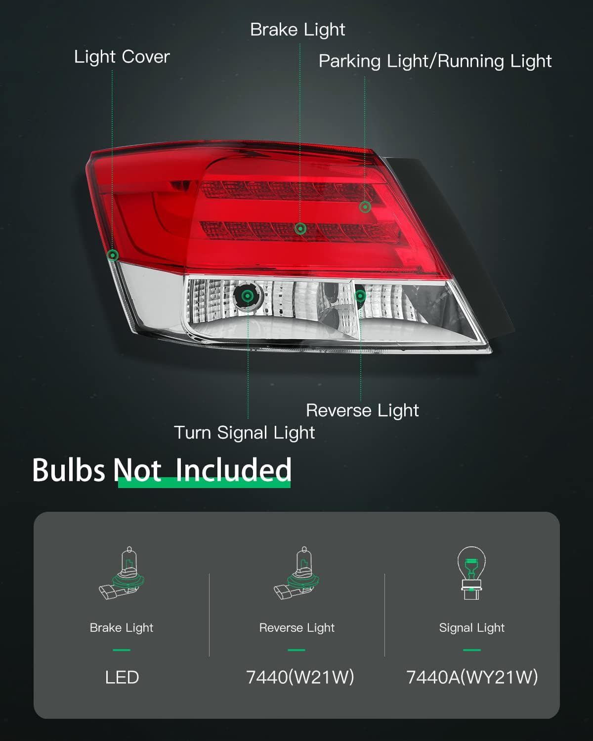 Tail Light Assembly for Honda Accord Sedan Red Housing Clear Lens W316