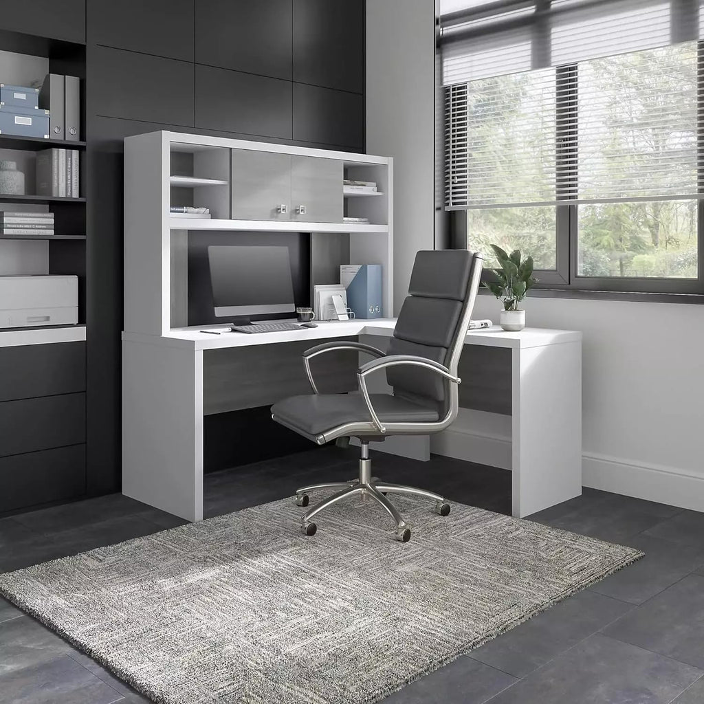 L-Shaped Desk with Hutch in Pure White & Gray J44494