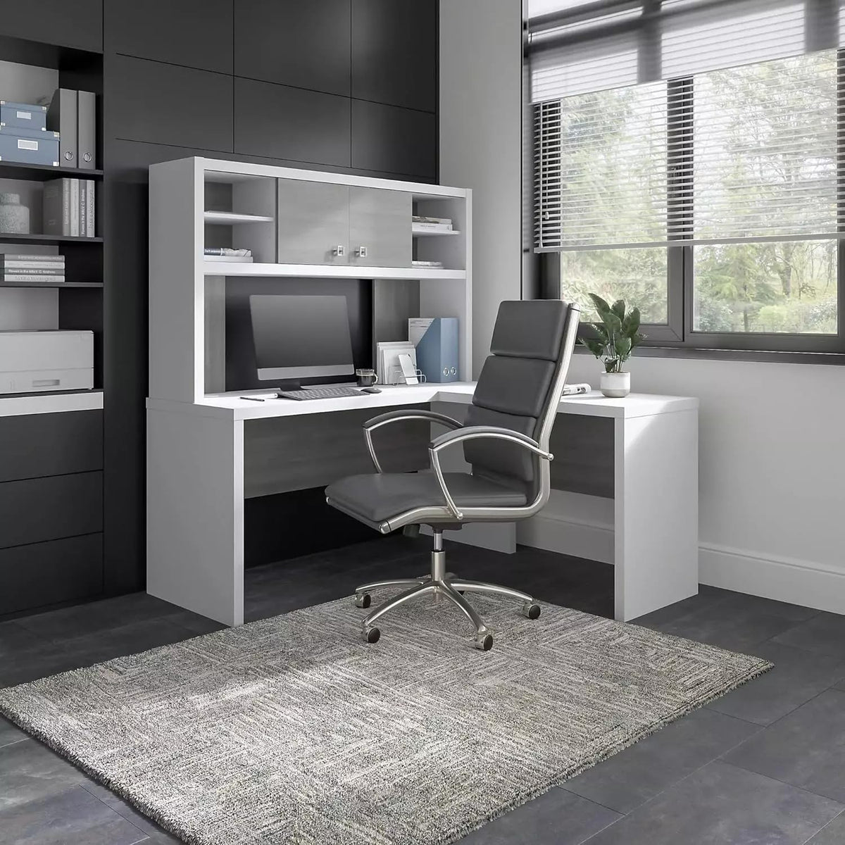 L-Shaped Desk with Hutch in Pure White & Gray J44494