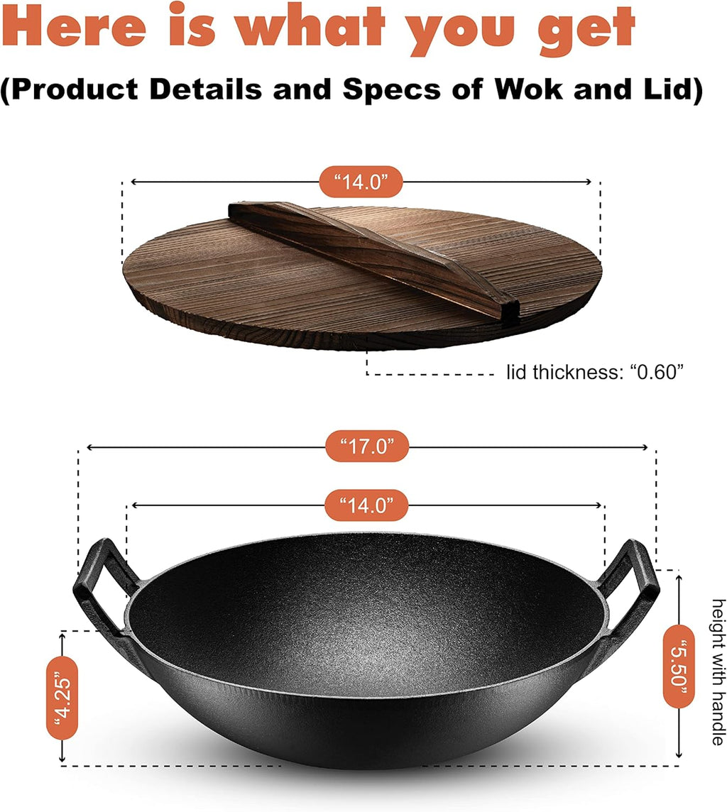 Pre-Seasoned Cast Iron Wok Pan with Lid and Handles, 14 Inch Flat Base Non-Stick, Pack of 2 X3716