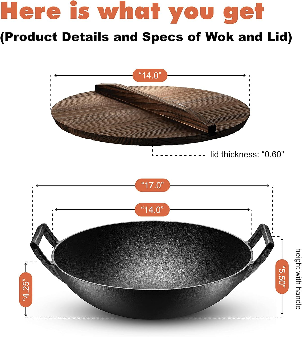 Pre-Seasoned Cast Iron Wok Pan with Lid and Handles, 14 Inch Flat Base Non-Stick, Pack of 2 X3716
