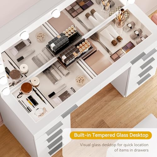 Cream White 10 Drawer Glass Top Vanity Desk with LED Mirror and Chair O488992