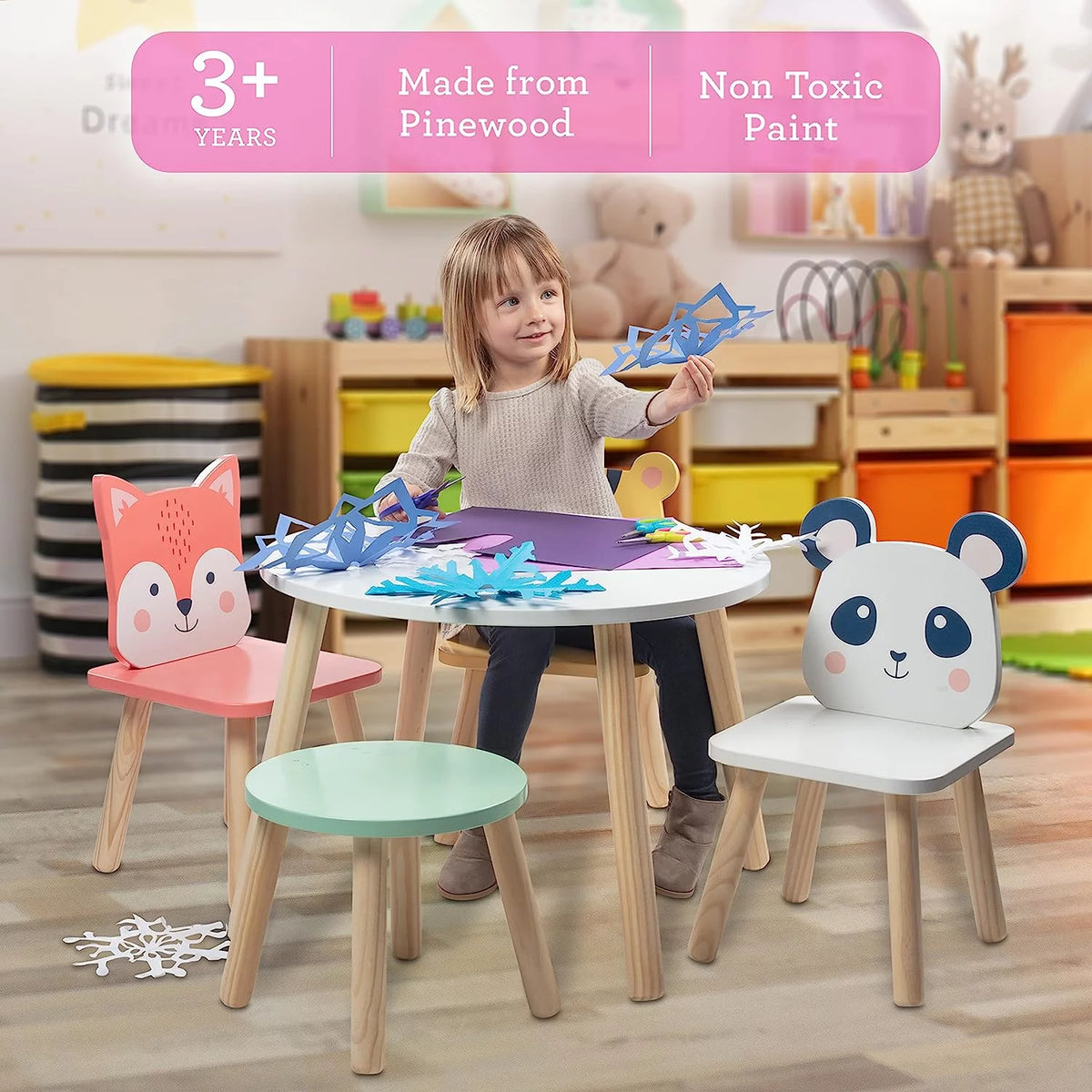 Kids Animal Table & Chair Set with 3 Toddler Seats & Adult Stool A597598