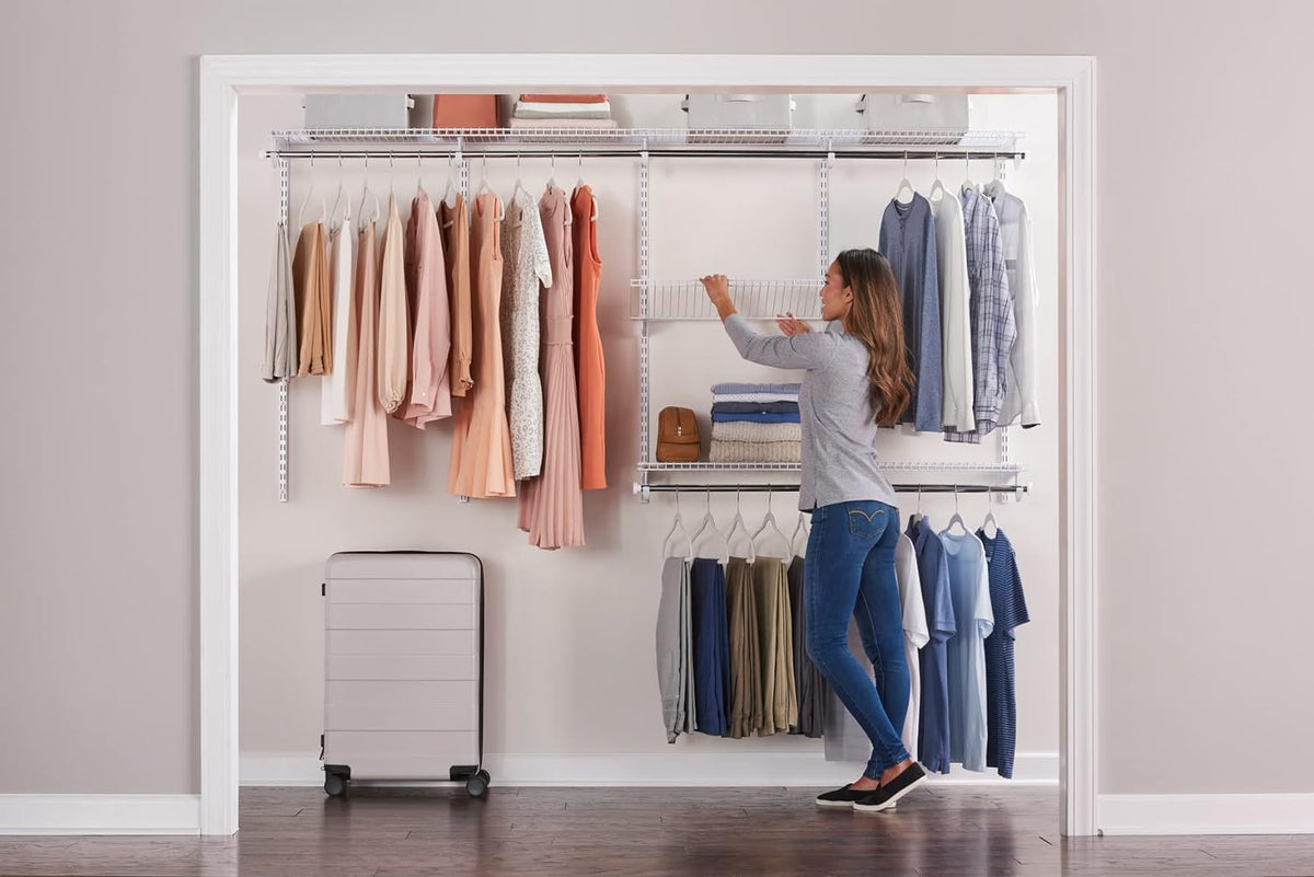 White Wire Shelving Kit with Expandable Shelving and Telescoping Rods A98552