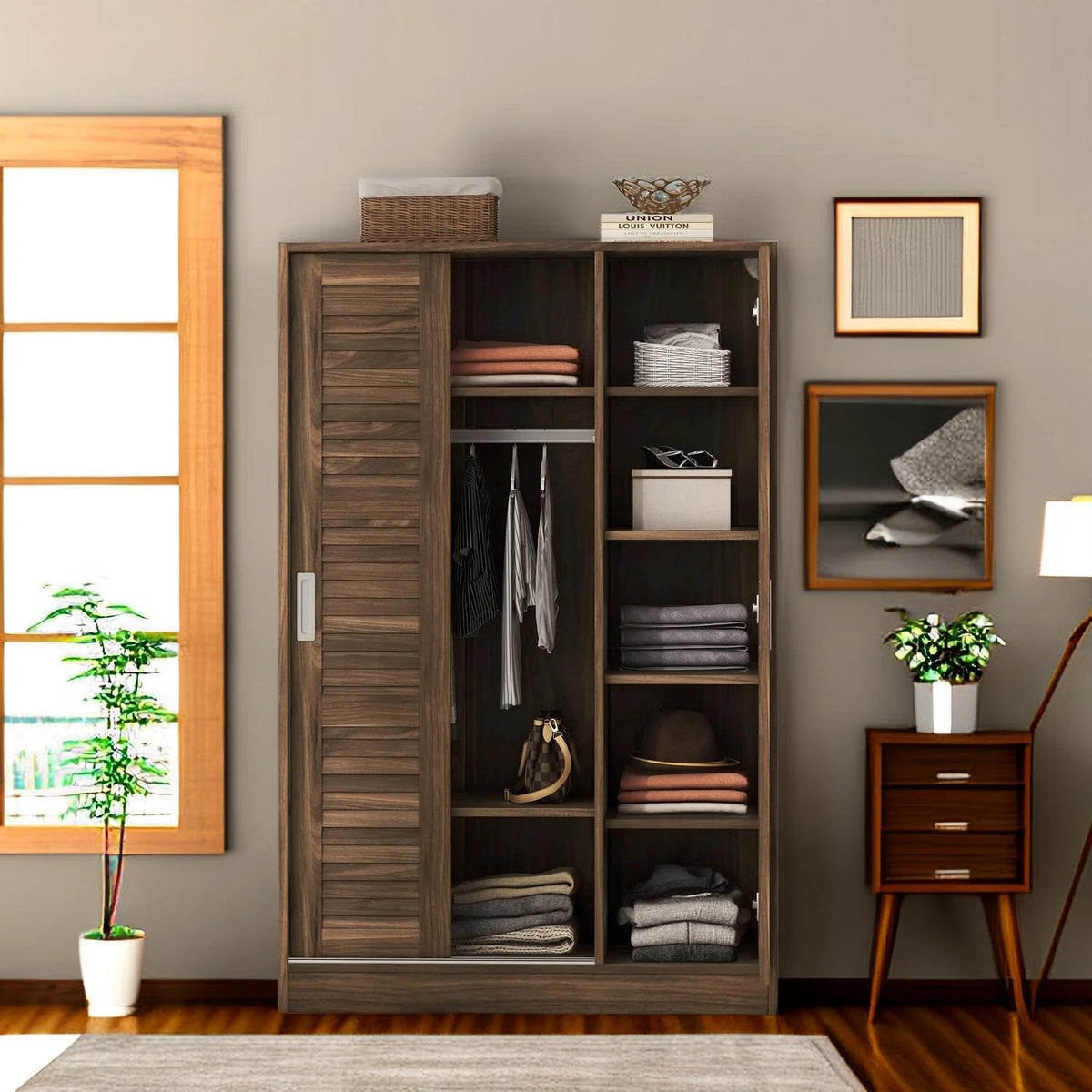 Mid-century 3-Door Wardrobe with Shelves H5463