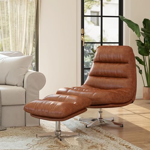 Brown PU Leather Oversized Swivel Accent Chair with Ottoman C545382