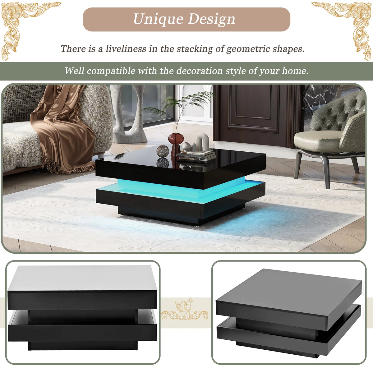 High Gloss 2-Tier Square Coffee Table with LED Lights U232
