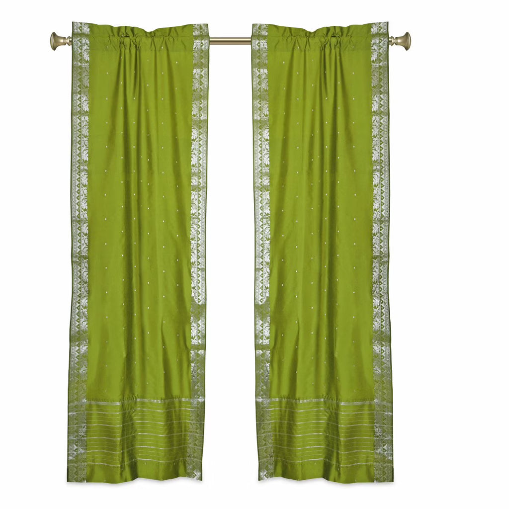Olive Green Sheer Sari Cafe Curtains with Silver Border, 43W x 24L, Pair F935