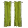 Olive Green Sheer Sari Cafe Curtains with Silver Border, 43W x 24L, Pair F935