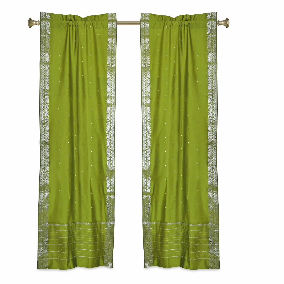 Olive Green Sheer Sari Cafe Curtains with Silver Border, 43W x 24L, Pair F935