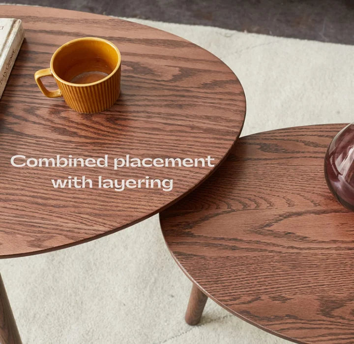 Solid Oak Wood Coffee Table with Pebble Shape, Natural Walnut Wooden Table W459515
