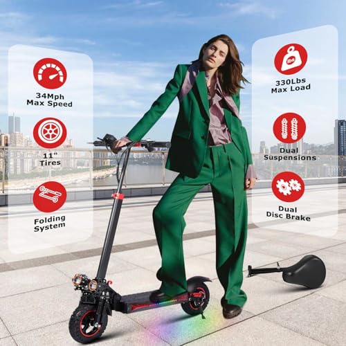 1200W Electric Scooter with Seat 11" Offroad 34MPH Speed 31-35 Miles Range 48V 18Ah Folding E Scooter L566