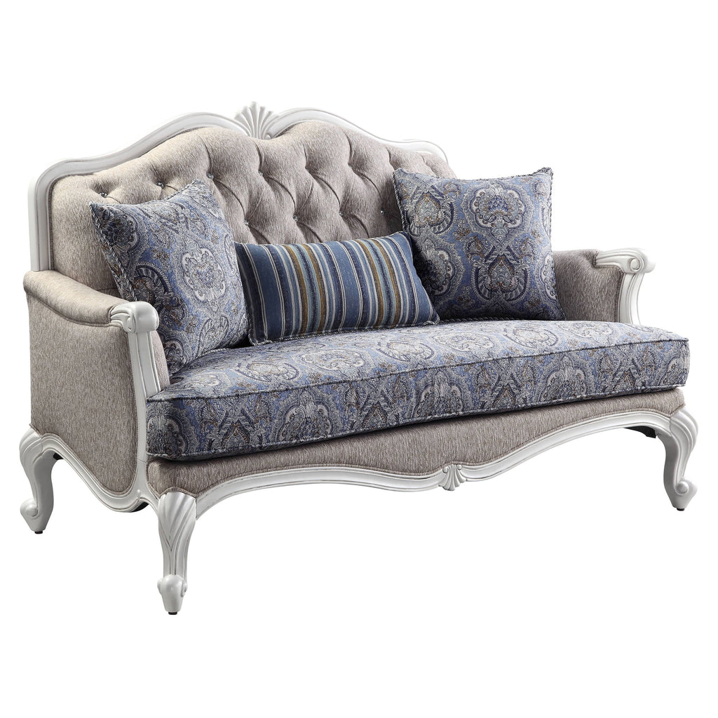 Beige and White Loveseat with 3 Pillows I440320