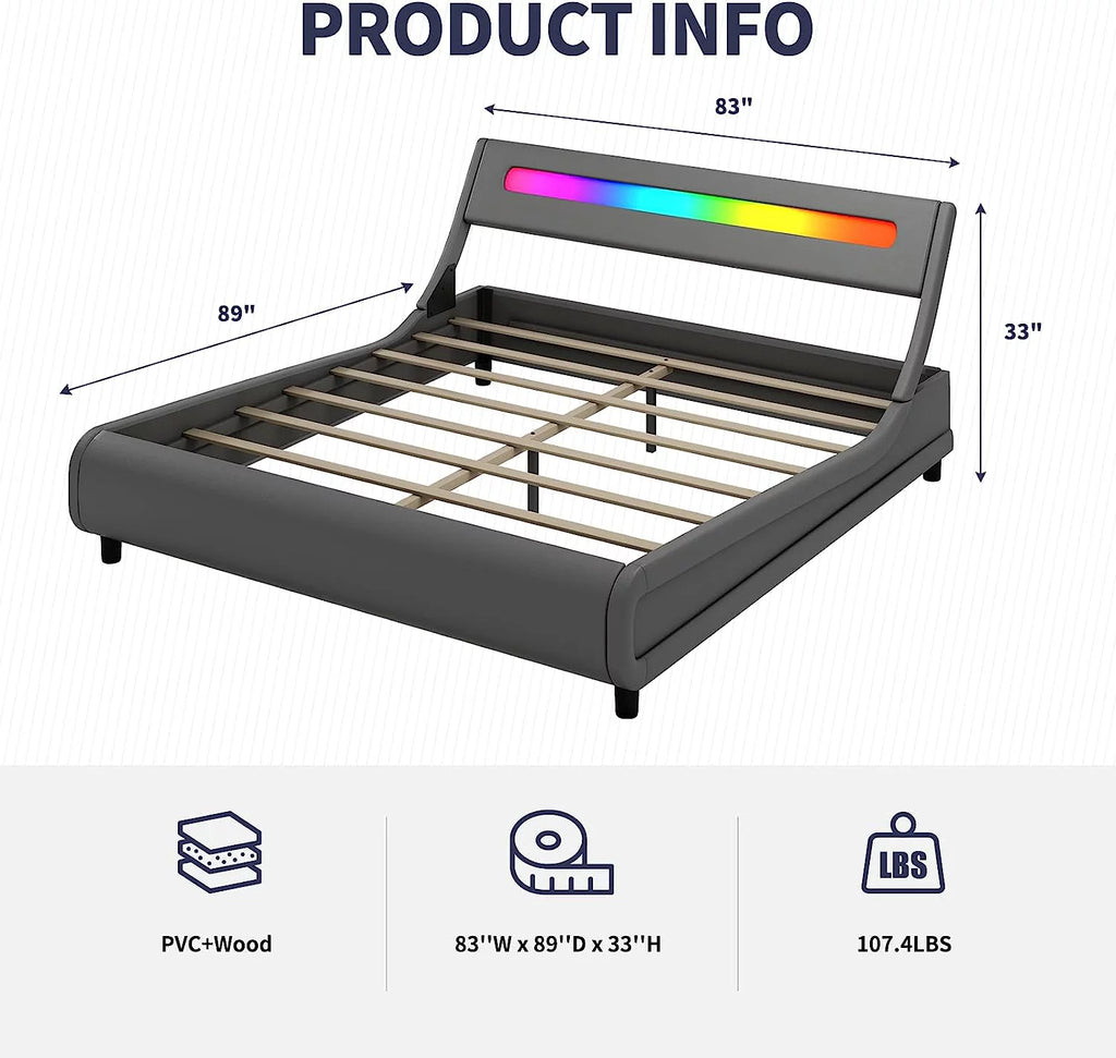 King Size Grey PVC Upholstered Platform Bed Frame D6481