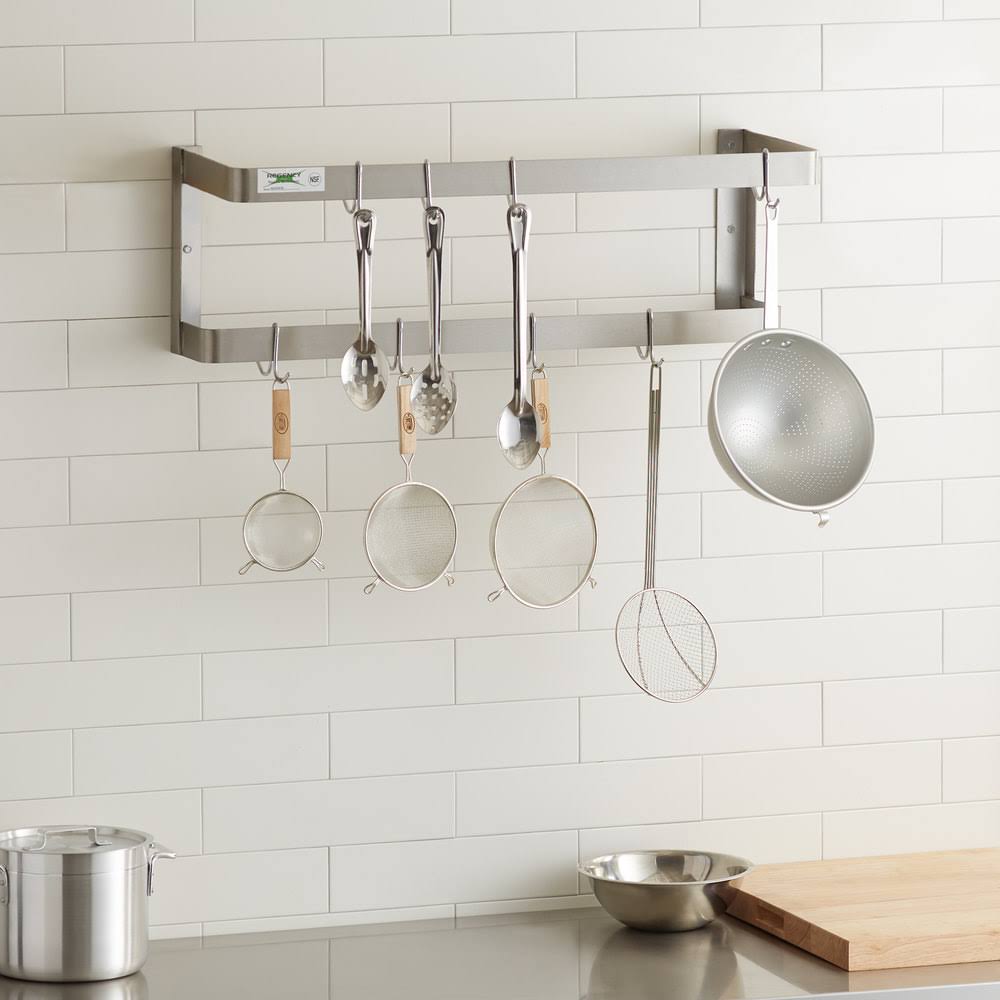 36x22 Stainless Steel Wall Mounted Double Line Pot Rack with 18 Galvanized Double Prong Hooks F384