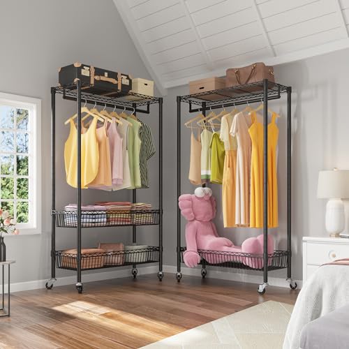 White Rolling Garment Rack with Basket C3502
