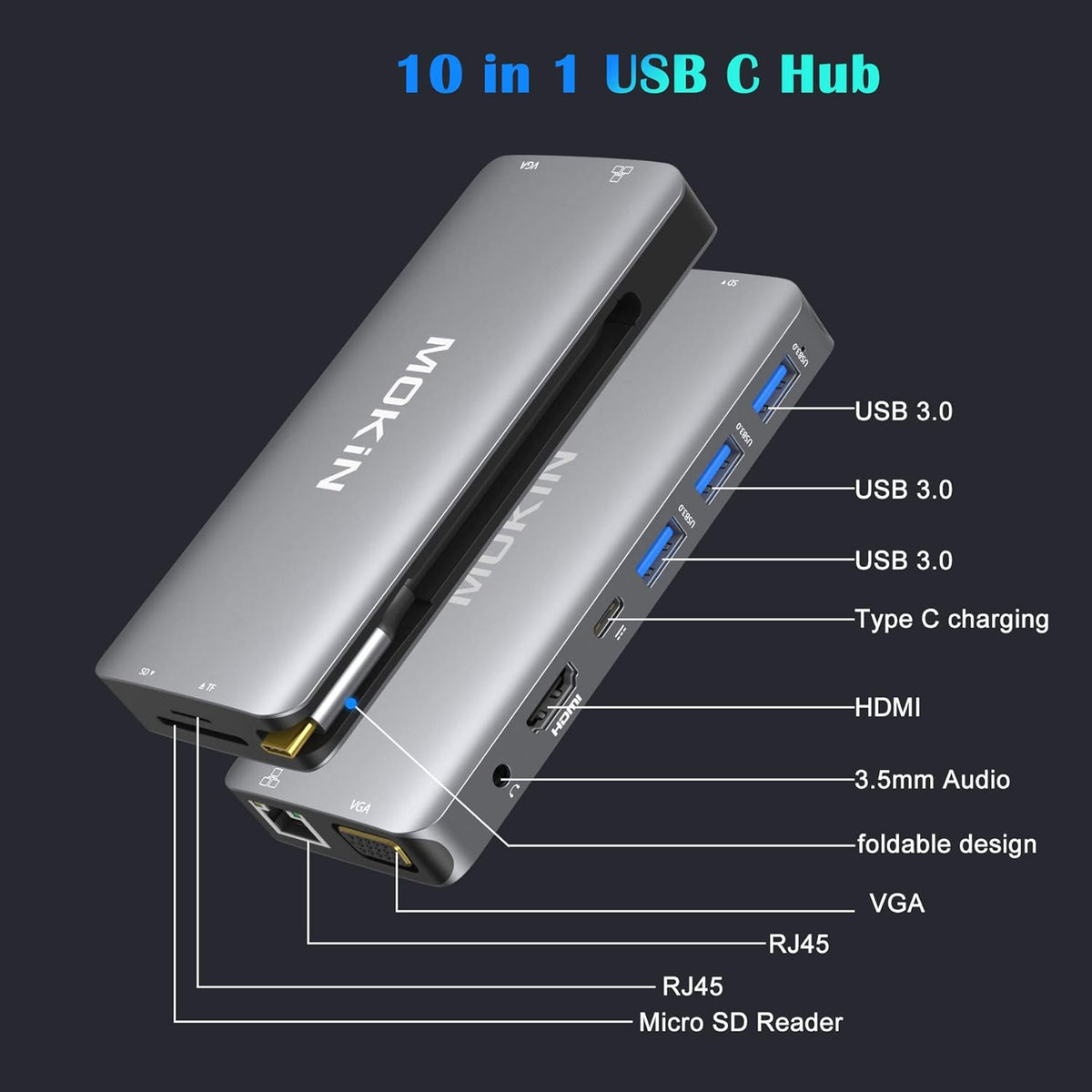 USB C Hub Multiport Adapter 10 in 1 with 4K HDMI, VGA, Ethernet, 3 USB Ports, PD Charger, SD/Micro SD Card Reader A826