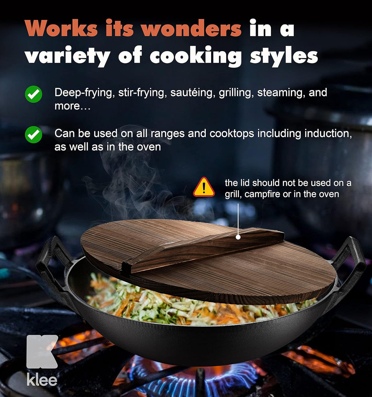 Pre-Seasoned Cast Iron Wok Pan with Lid and Handles, 14 Inch Flat Base Non-Stick, Pack of 2 X3716
