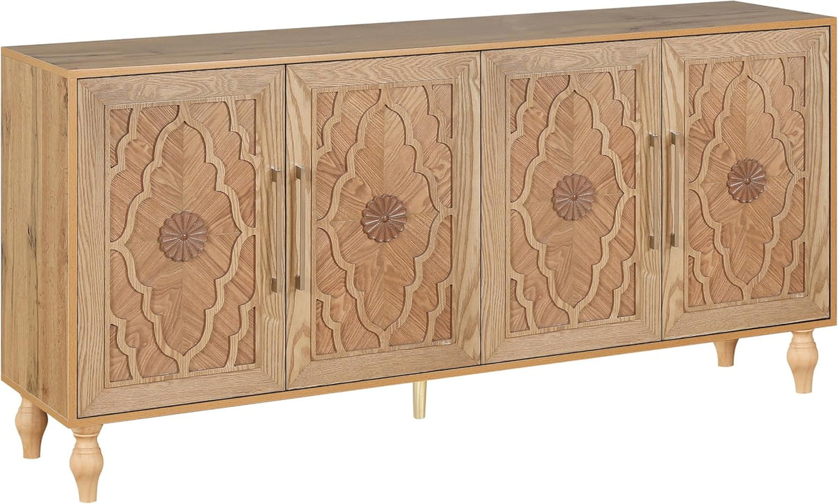 63" Carved Flower Door Large Storage Cabinet with Metal Handle (Natural Wood) H3343