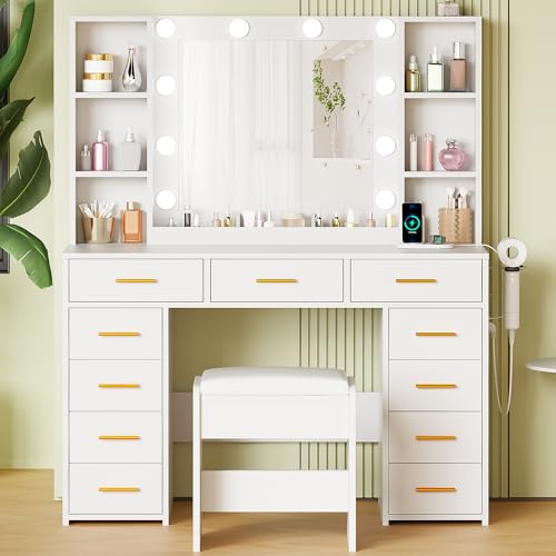White Vanity Desk with Mirror and Lights 11 Drawers 9 Shelves Vanity Table with Stool N82824