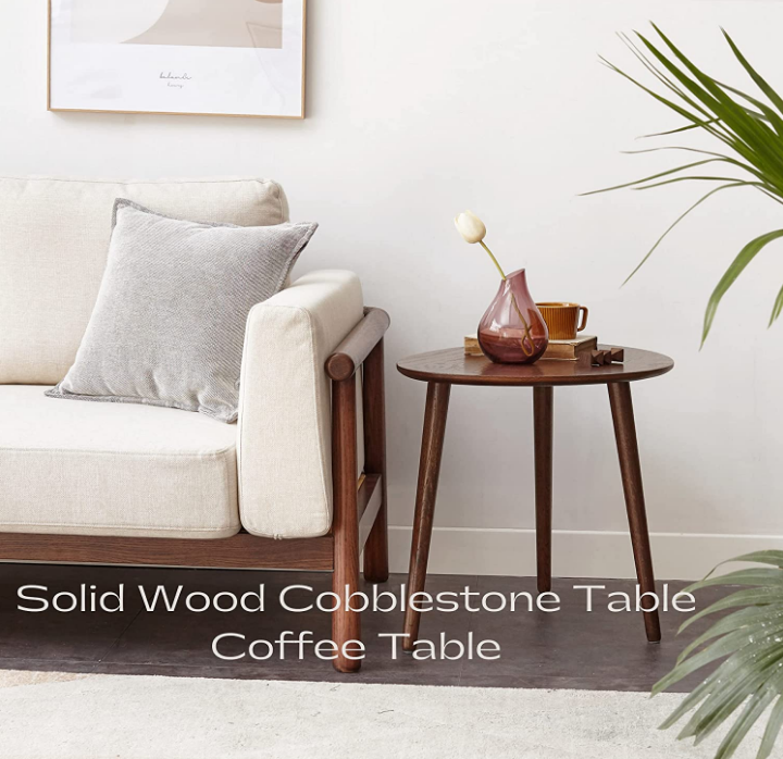 Solid Oak Wood Coffee Table with Pebble Shape, Natural Walnut Wooden Table W459515