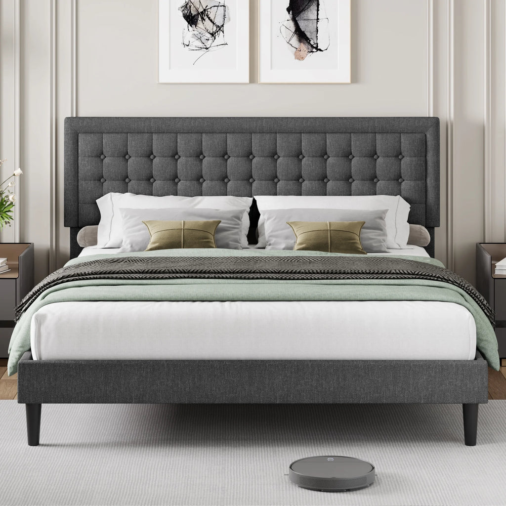 King Size Gray Linen Fabric Bed Frame with Tufted Headboard K173