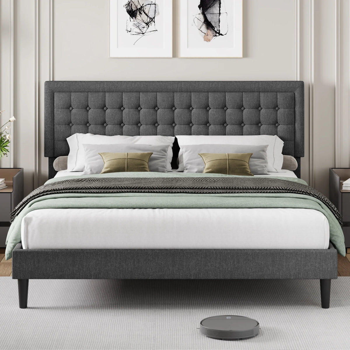 King Size Gray Linen Fabric Bed Frame with Tufted Headboard K173