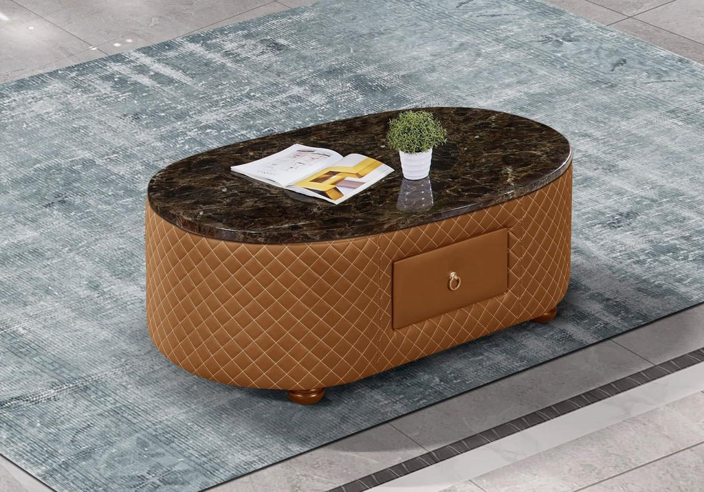 Orange Italian Leather Marble Top Coffee Table Set 2 S5672