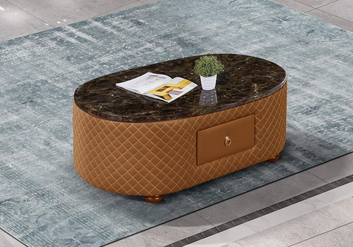 Orange Italian Leather Marble Top Coffee Table Set 2 S5672