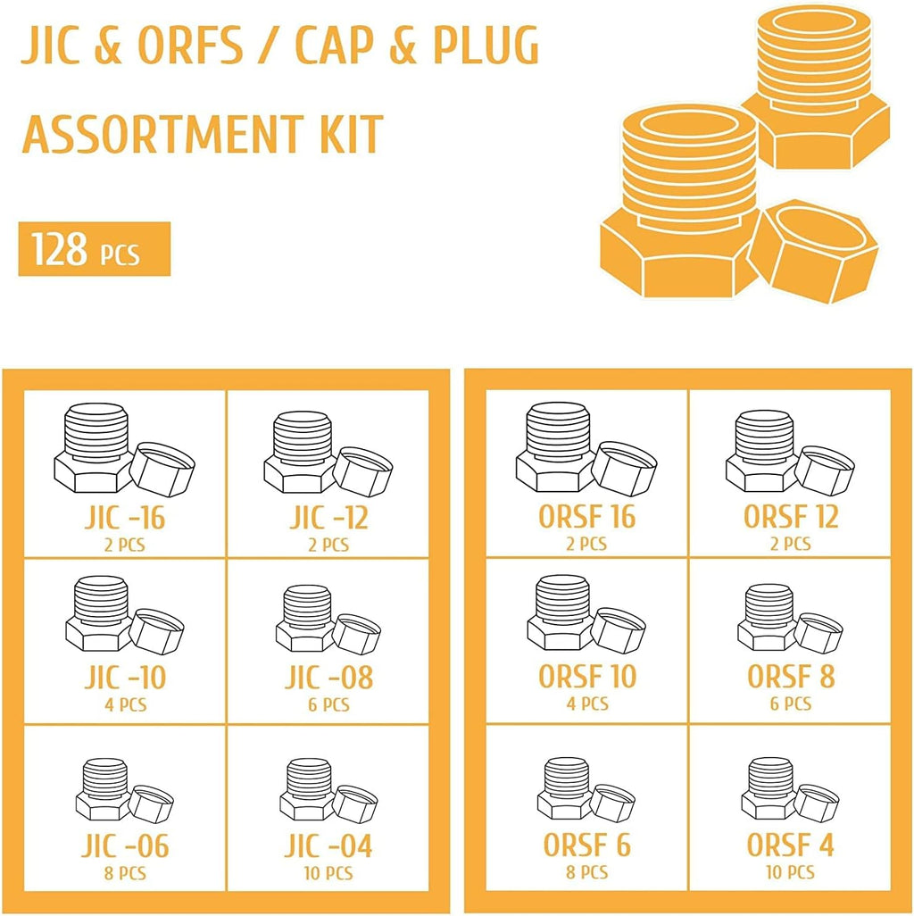 128 PC JIC ORFS Industrial Hydraulic Cap and Plug Kit with Galvanized 45# Steel Y707
