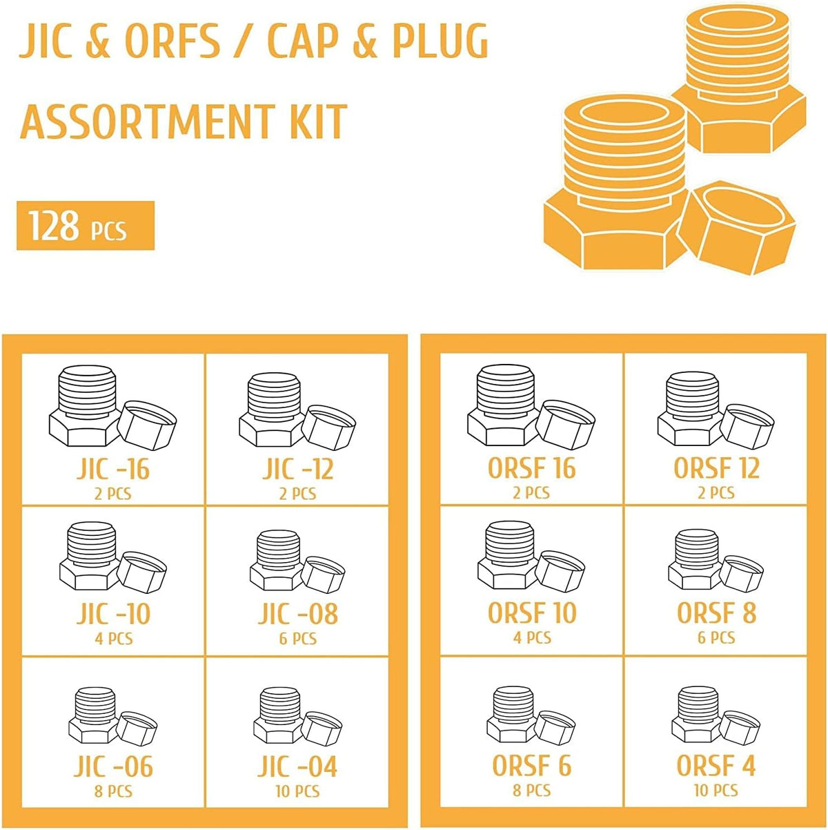 128 PC JIC ORFS Industrial Hydraulic Cap and Plug Kit with Galvanized 45# Steel Y707