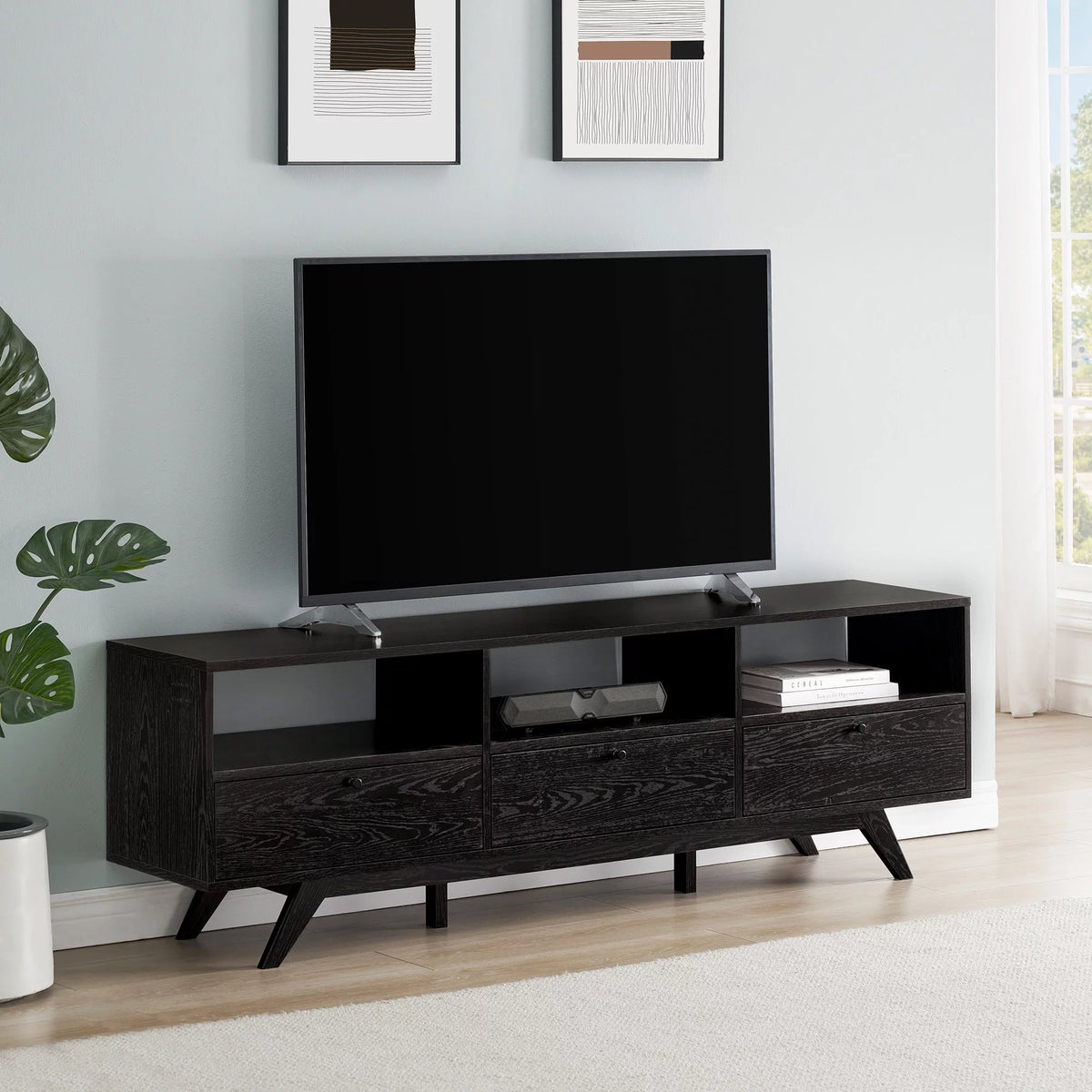 Black Mid-Century Modern Storage TV Stand W128775