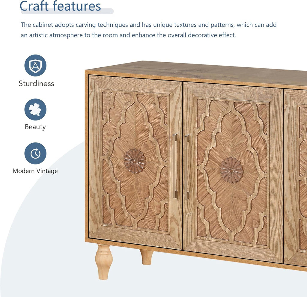63" Carved Flower Door Large Storage Cabinet with Metal Handle (Natural Wood) H3343