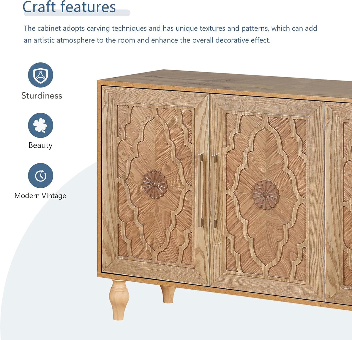 63" Carved Flower Door Large Storage Cabinet with Metal Handle (Natural Wood) H3343