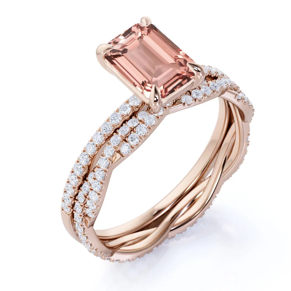 2 Carat Emerald Cut Morganite Bridal Trio Set W2846
