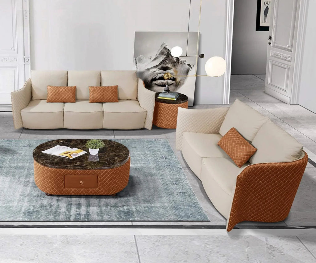 Orange Italian Leather Marble Top Coffee Table Set 2 S5672