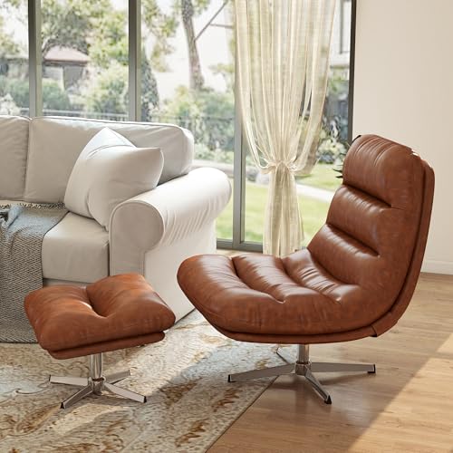 Brown PU Leather Oversized Swivel Accent Chair with Ottoman C545382