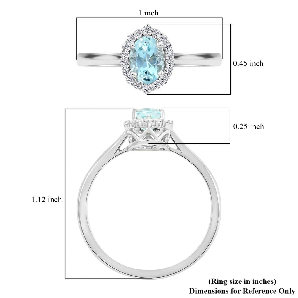 Oval Blue Aquamarine White Diamond 18K White Gold Halo Ring Size 7 Ct 0.85 G-H Color Si1 Clarity J66234