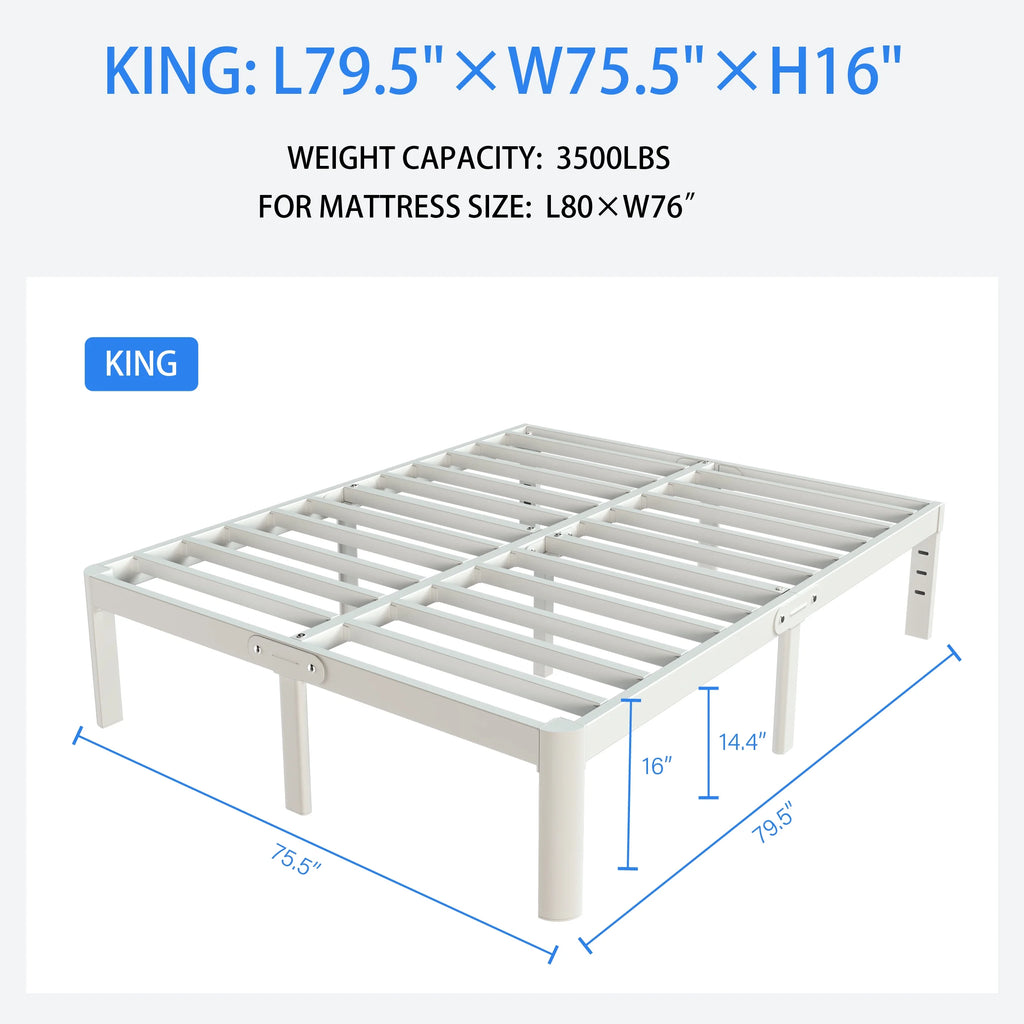 16 Inch King White Metal Platform Bed Frame K93044
