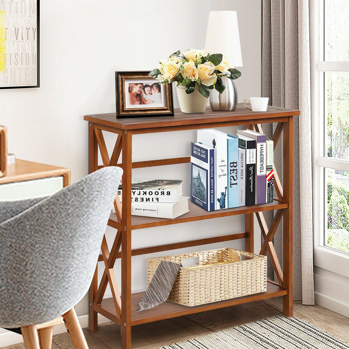 3-Tier Wooden Open Shelf Bookcase Natural E8830