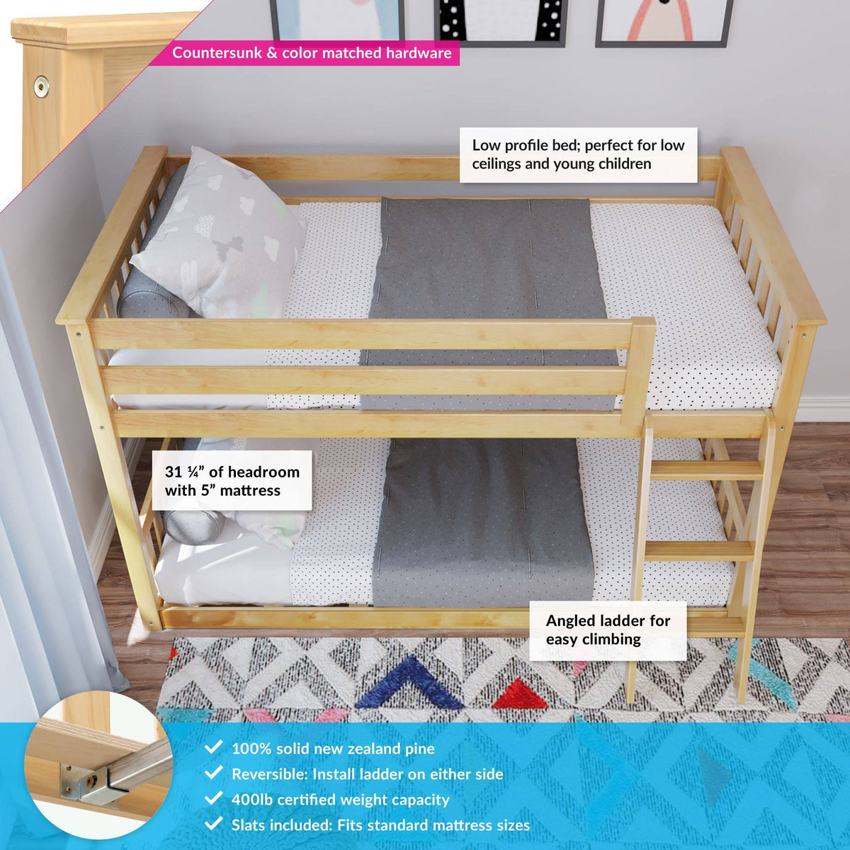 Twin Over Twin Low Bunk Bed, Natural I290043