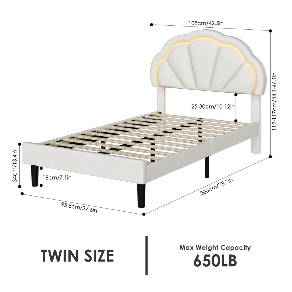Twin Size Off-White Velvet Upholstered Platform Bed with Adjustable Headboard X814