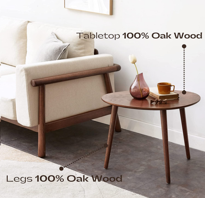 Solid Oak Wood Coffee Table with Pebble Shape, Natural Walnut Wooden Table W459515