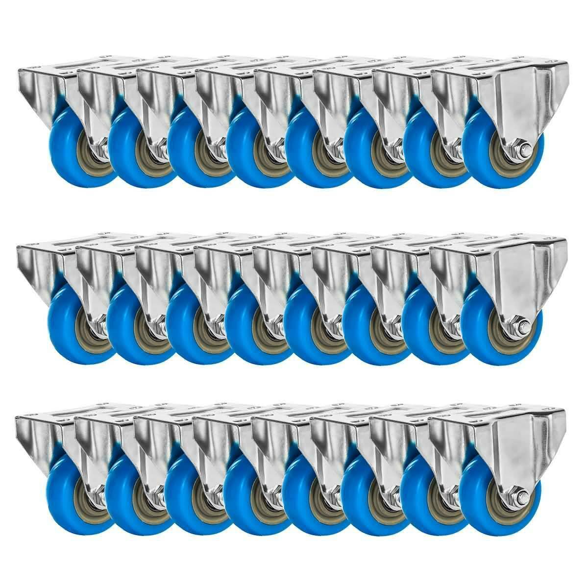 24 Pack 3x22 Rigid Fixed Polyurethane Blue Non Swivel Caster Wheels D3390