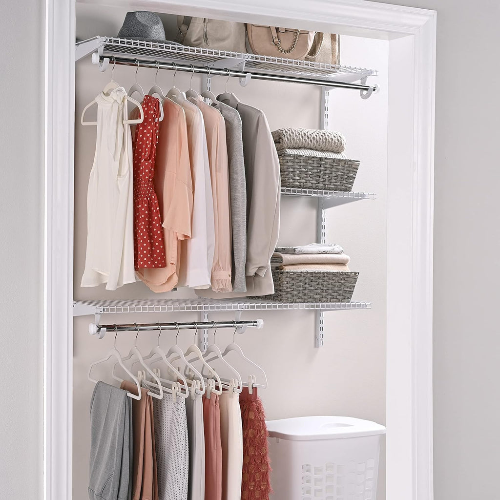 White Wire Shelving Kit with Expandable Shelving and Telescoping Rods A98552