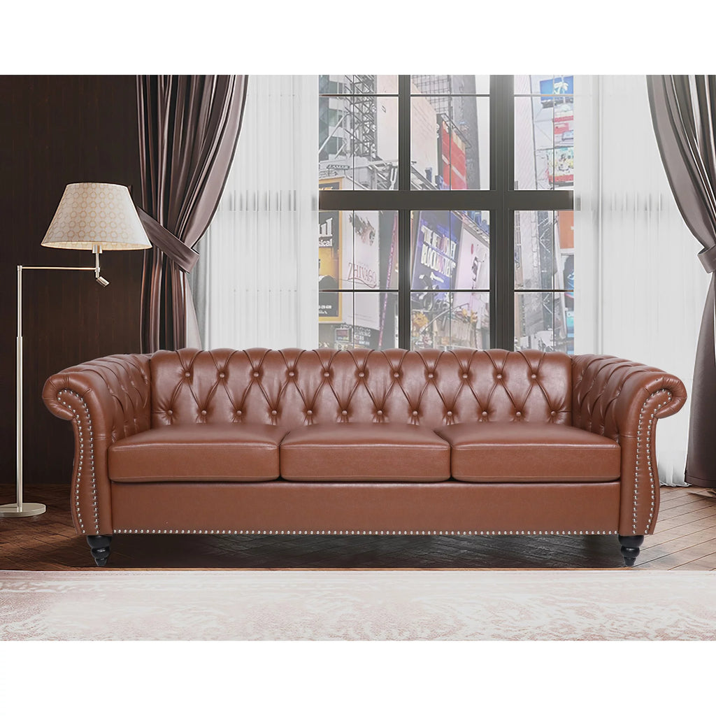 Brown Pu Rolled Arm Chesterfield Three Seater Sofa Q1422