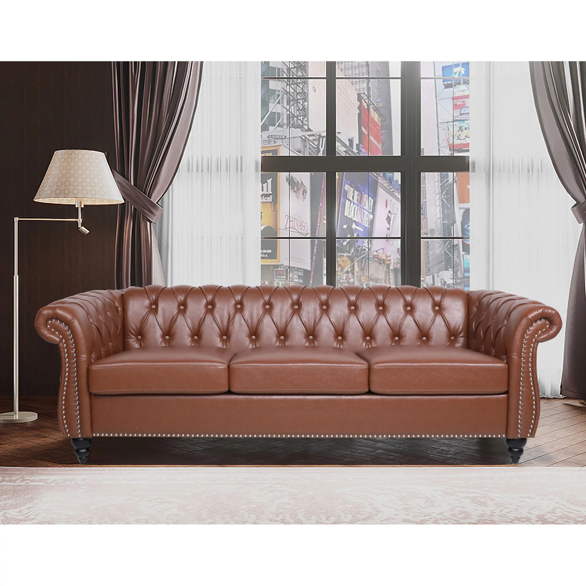 Brown Pu Rolled Arm Chesterfield Three Seater Sofa Q1422