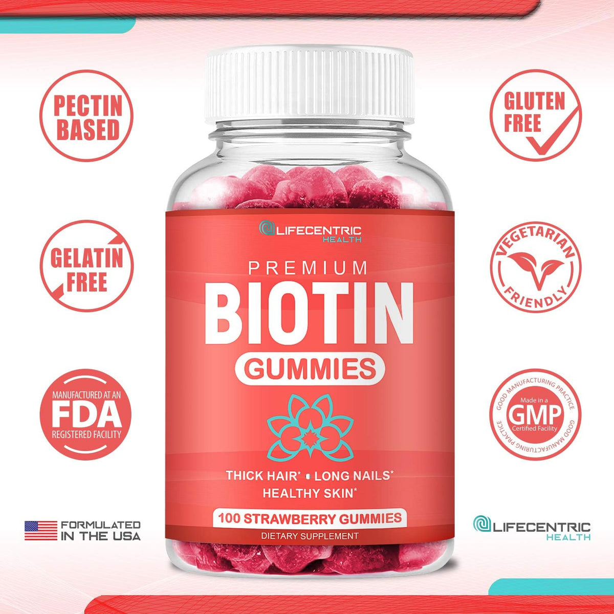 Biotin 10000mcg Chewable Supplement, 100 Count Vegan Gummies W496