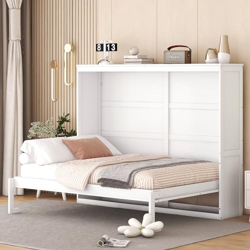 White Full Size Murphy Bed with Storage Cabinets R20491